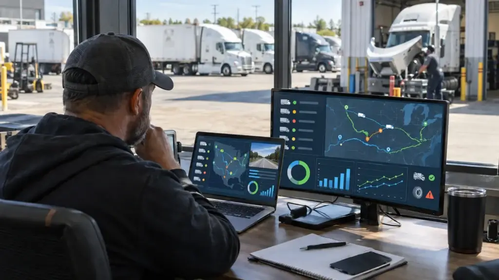 Fleet manager using telematics dashboards to monitor truck locations, maintenance activity, and fleet operations in a commercial truck yard.
