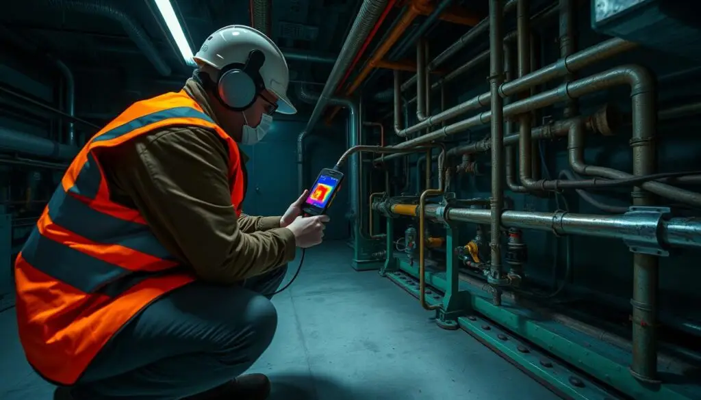 Infrared thermal imaging camera detecting temperature differentials at air leak points