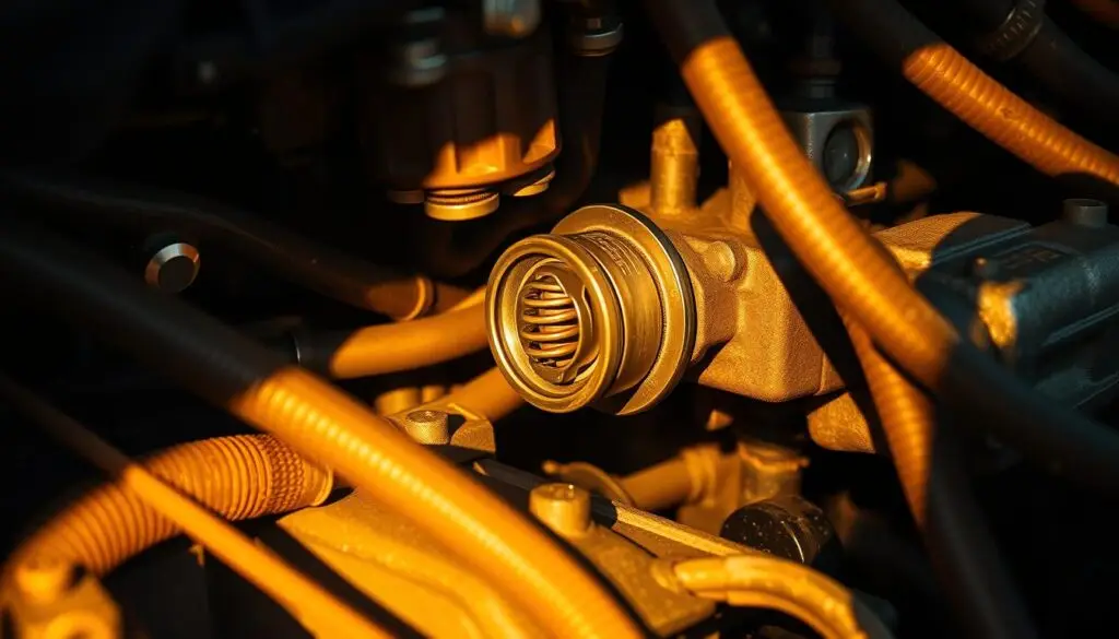 Technician testing thermostat function on backhoe engine cooling system