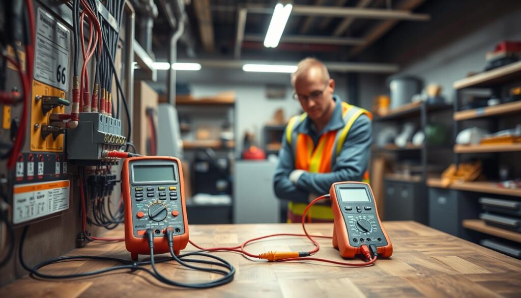 Technician measuring voltage on three-phase industrial motor starter using digital multimeter