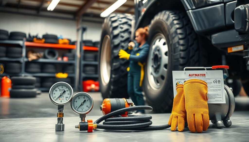 Tire inflation safety cage with technician following OSHA-compliant inflation procedures for multi-piece wheels
