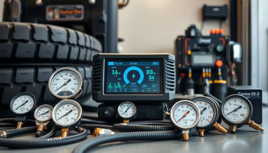 Collection of digital tire pressure gauges and monitoring equipment used in commercial fleet maintenance