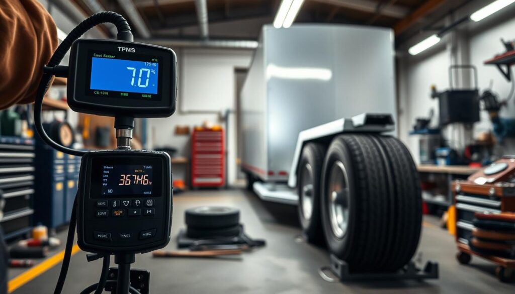 Driver checking TPMS monitor display signal strength with trailer connected for range verification