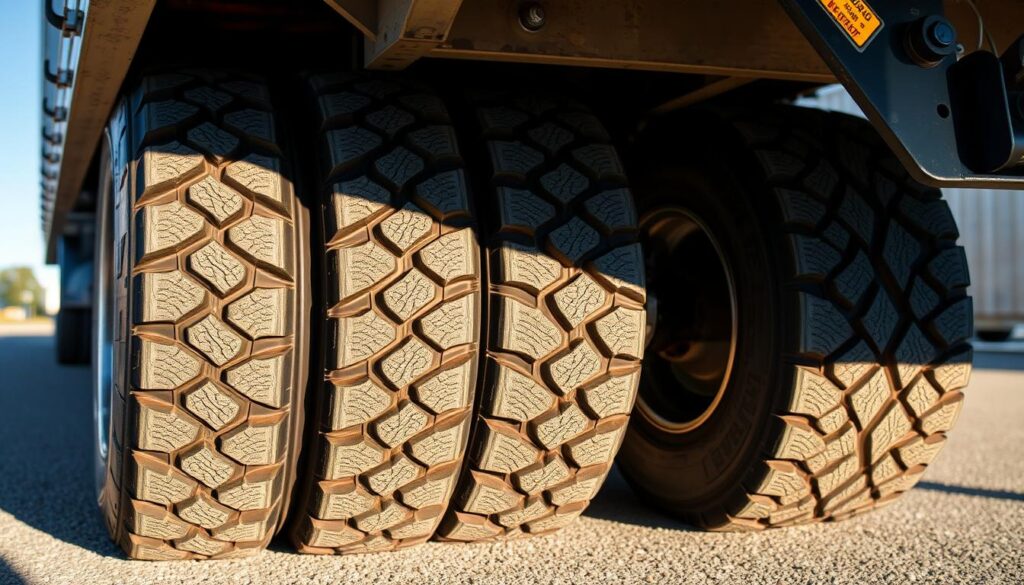 Tire wear patterns indicating trailer misalignment including feathering and cupping