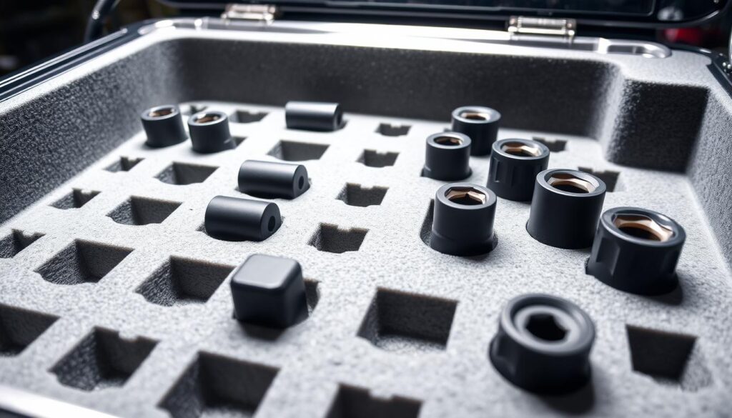 Tool chest drawer showing foam insert socket organizer with labeled positions