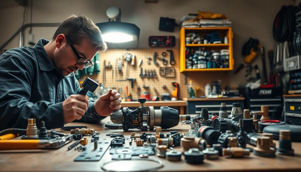 Technician using pressure gauge to diagnose power loss in pneumatic impact wrench during troubleshooting procedure