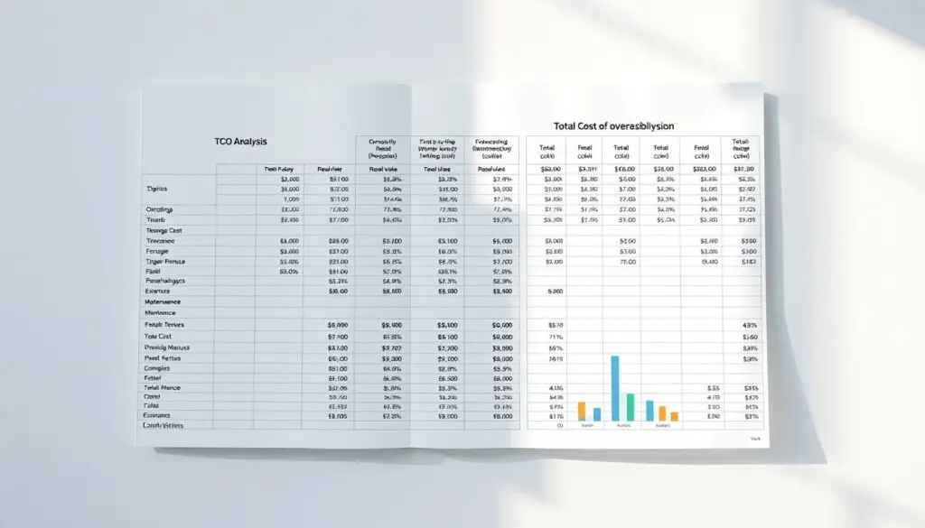 Total cost of ownership analysis chart showing acquisition, fuel, maintenance, and insurance costs over five years