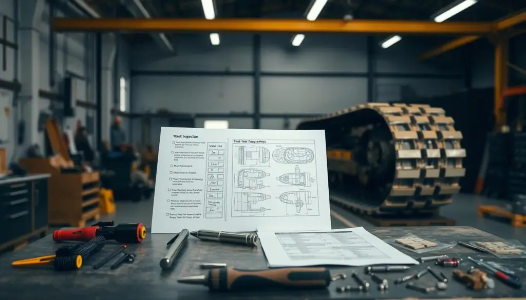 Fleet technician using calipers to measure track bushing wear on crawler dozer