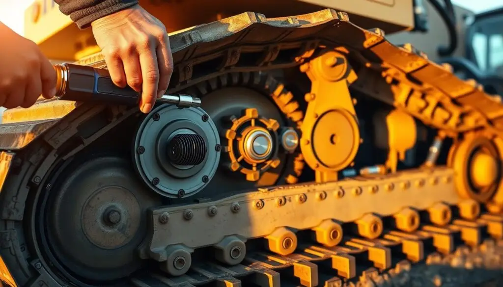 Technician measuring track sag on bulldozer undercarriage for proper tensioning