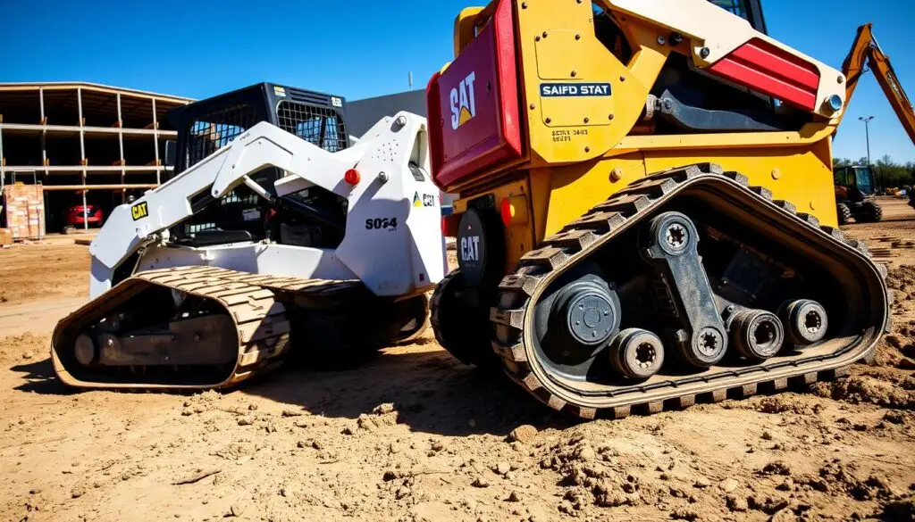 Side-by-side comparison of compact track loader and skid steer demonstrating traction differences in soft soil