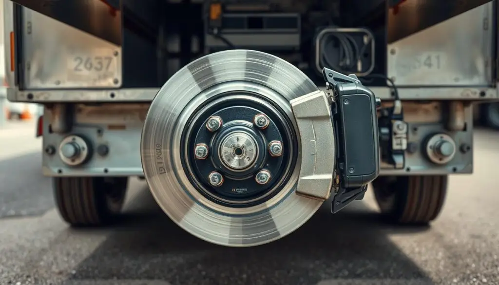 Commercial trailer S-cam air brake system showing brake chamber, slack adjuster, and drum