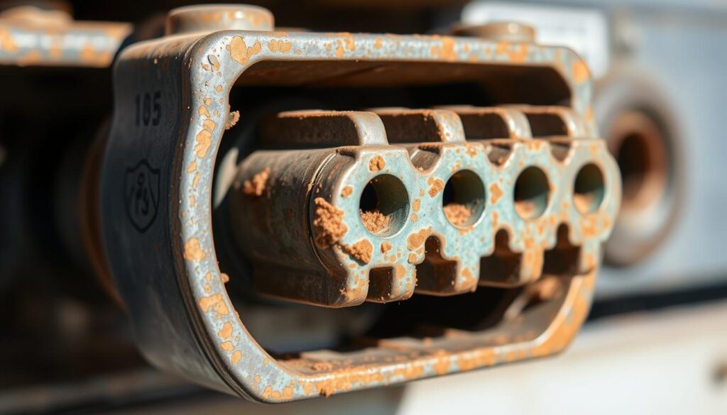 Trailer connector inspection revealing corrosion damage on 7-way connector pins requiring cleaning or replacement