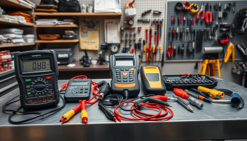 Trailer diagnostic tools including digital multimeter and circuit testing equipment for 7-way connector troubleshooting
