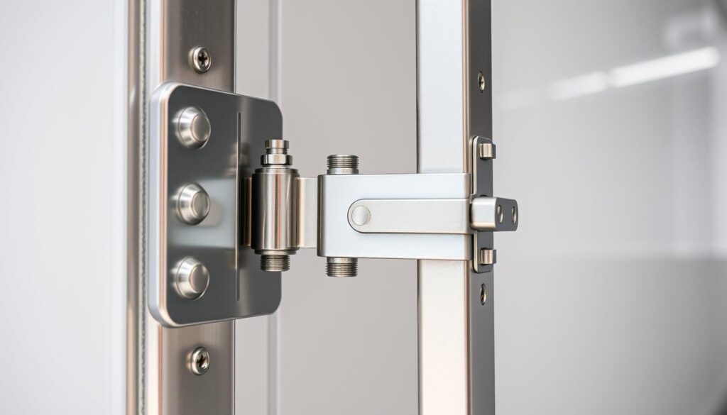 Trailer door hardware components showing hinge and lock assembly on enclosed cargo trailer