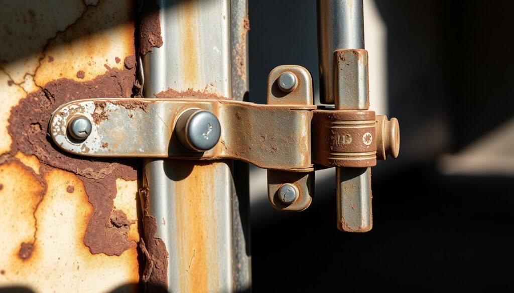 Trailer door hardware deterioration showing rust and wear patterns on hinge assembly