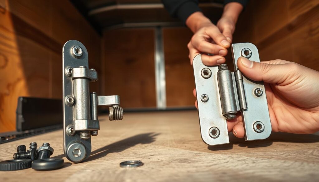 Trailer door hinge replacement process showing strap hinge installation