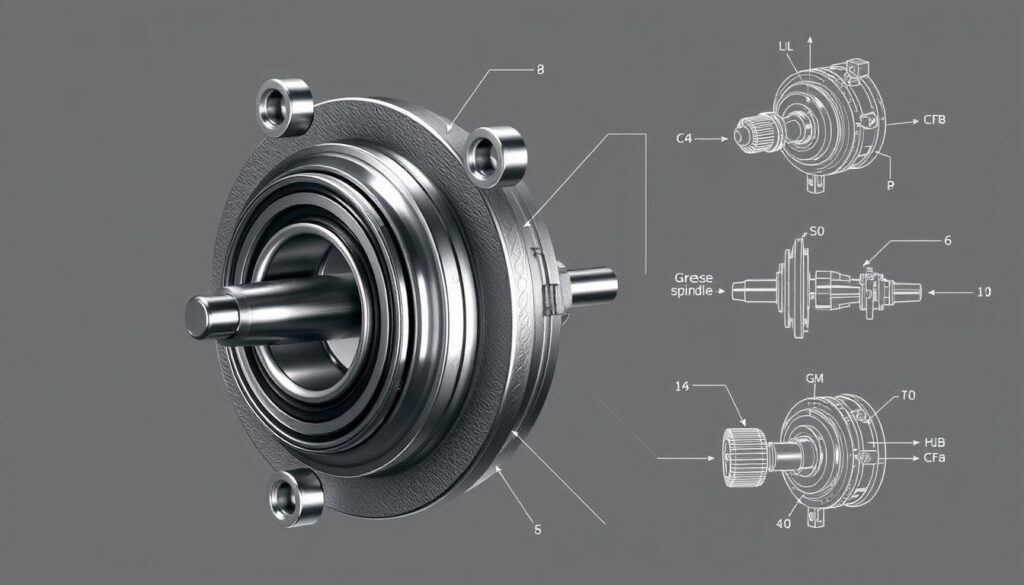 Trailer hub assembly components diagram showing bearing arrangement, spindle interface, and seal positioning
