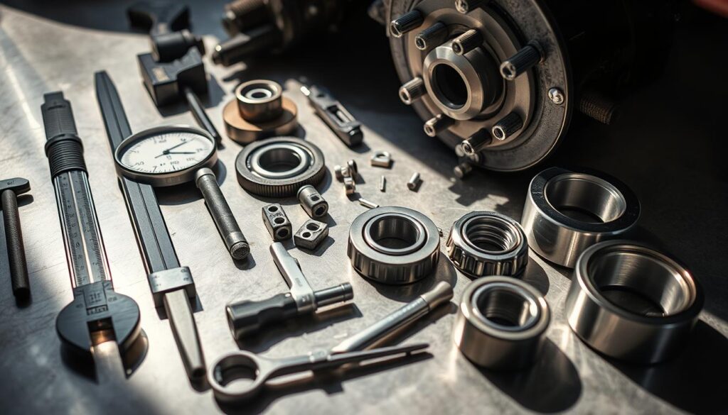 Technician using dial indicator and caliper for precision trailer hub and bearing measurements