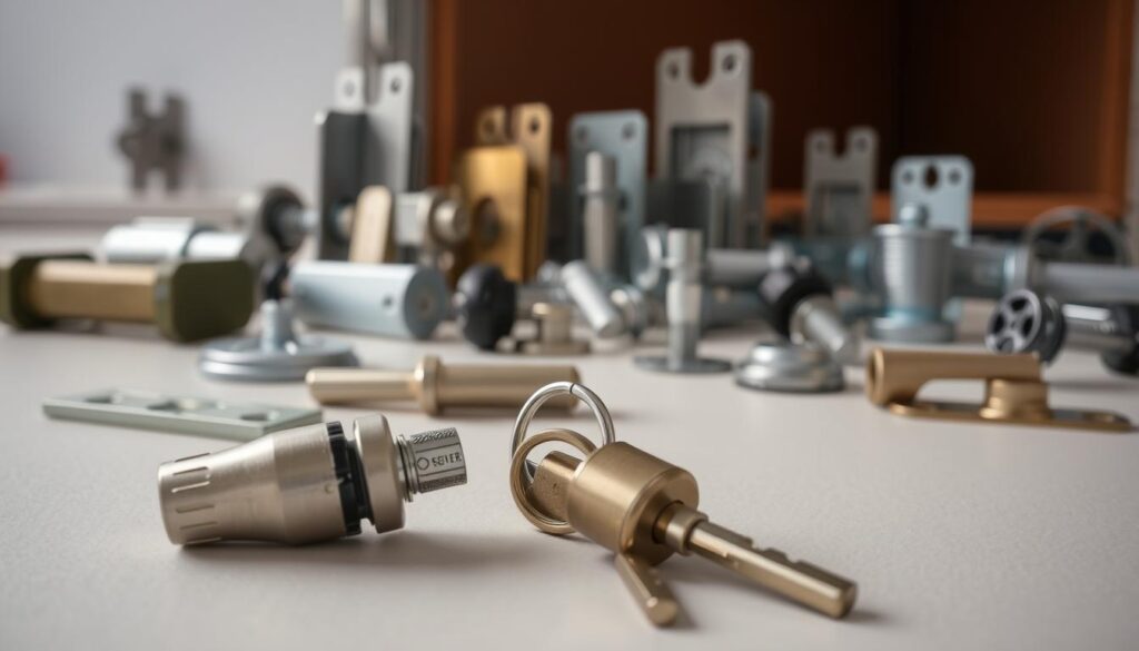 Trailer locks and security hardware components including T-handle and cam lock assemblies