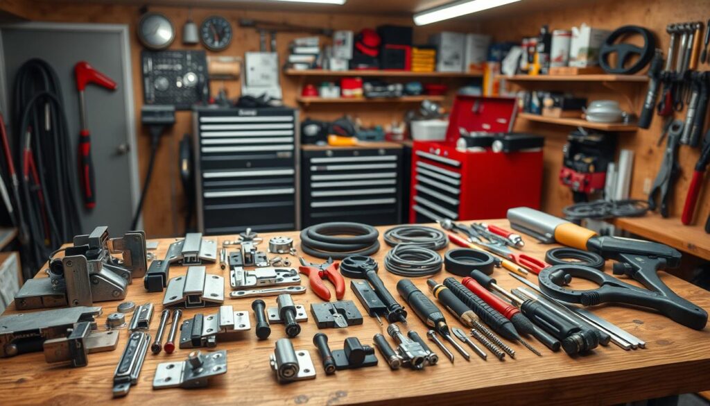 Trailer repair equipment and door repair tools laid out for maintenance work