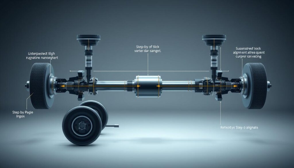 Trailer suspension alignment procedures showing reference line setup from kingpin to rear axle