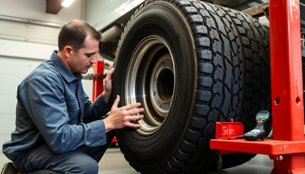 Technician inspecting commercial trailer tire tread depth and sidewall condition
