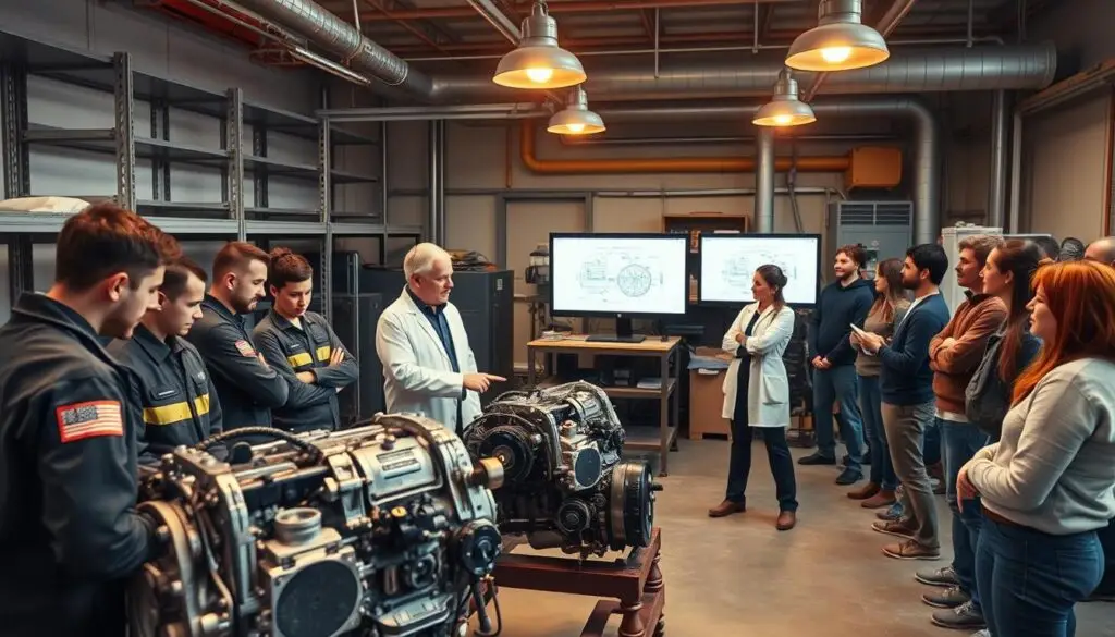 Shop owner meeting with technical school students during a career fair event