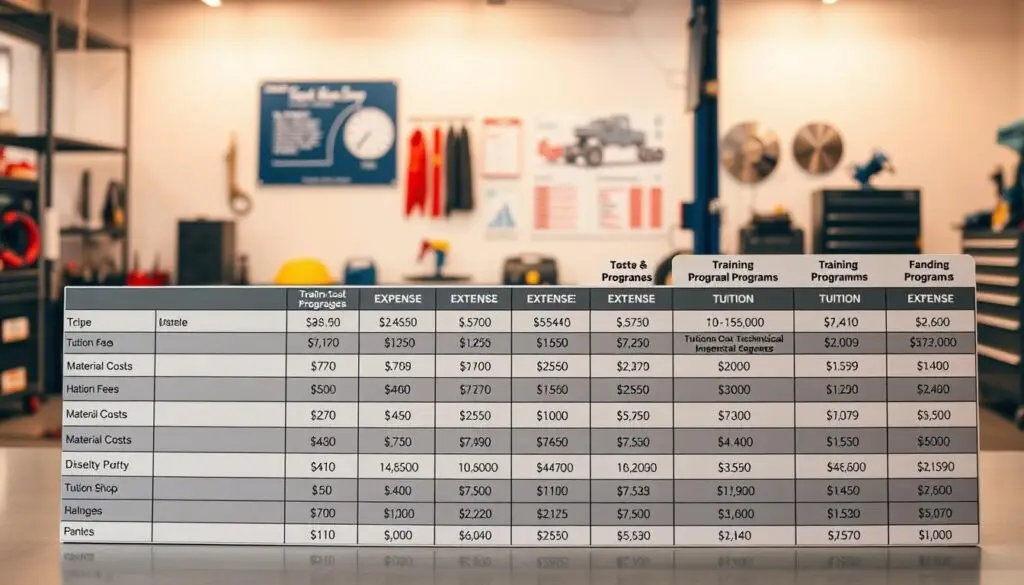 Comparison chart showing tuition ranges across diesel technician training program types