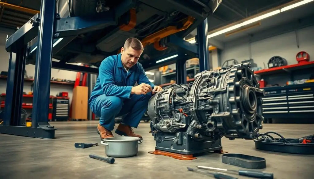 Technician performing transmission fluid change on heavy duty commercial truck