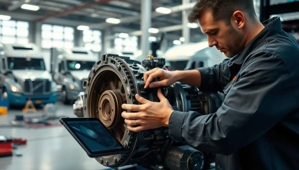 Fleet technician performing scheduled transmission maintenance inspection following manufacturer service interval guidelines