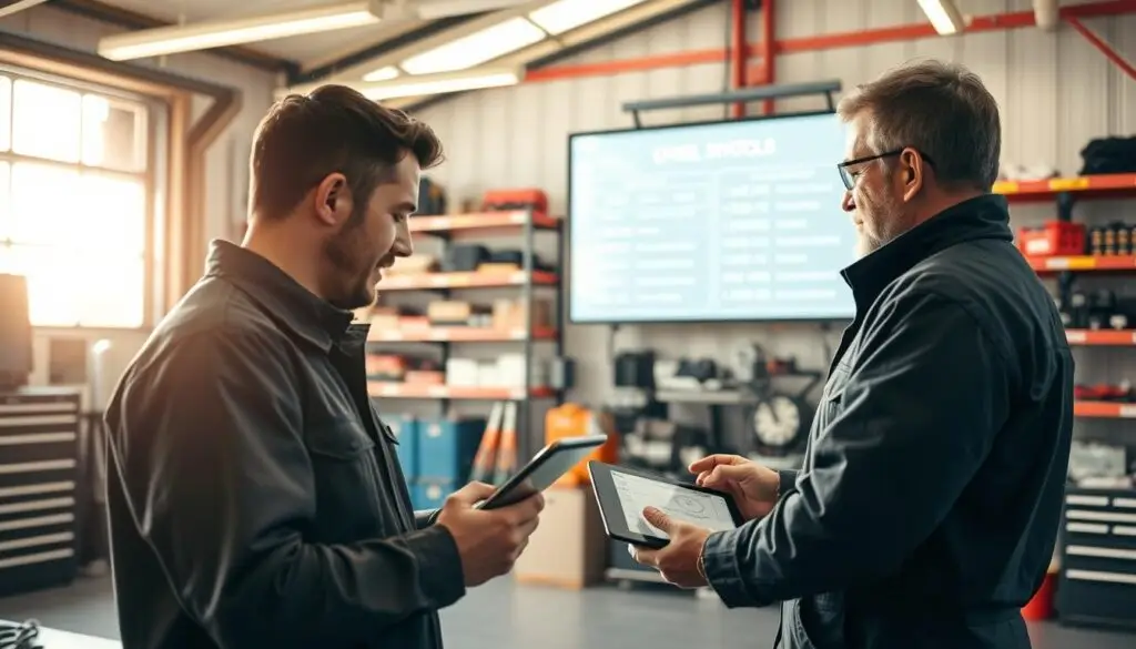 Service advisor using tablet to send transparent repair updates to fleet customer