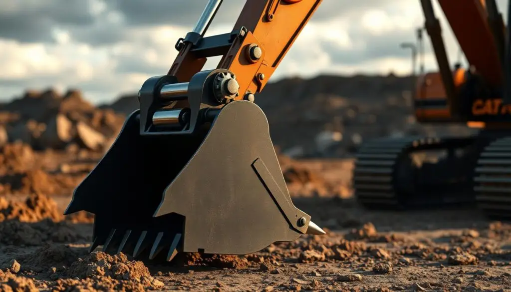 Trenching bucket attachment on excavator creating utility trench