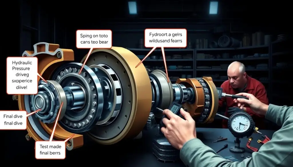 Technician using diagnostic equipment for systematic final drive troubleshooting