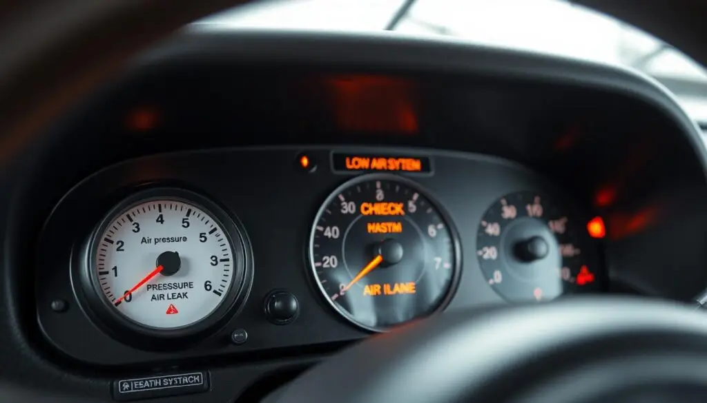Dashboard pressure gauges and warning lights indicating air system leak symptoms