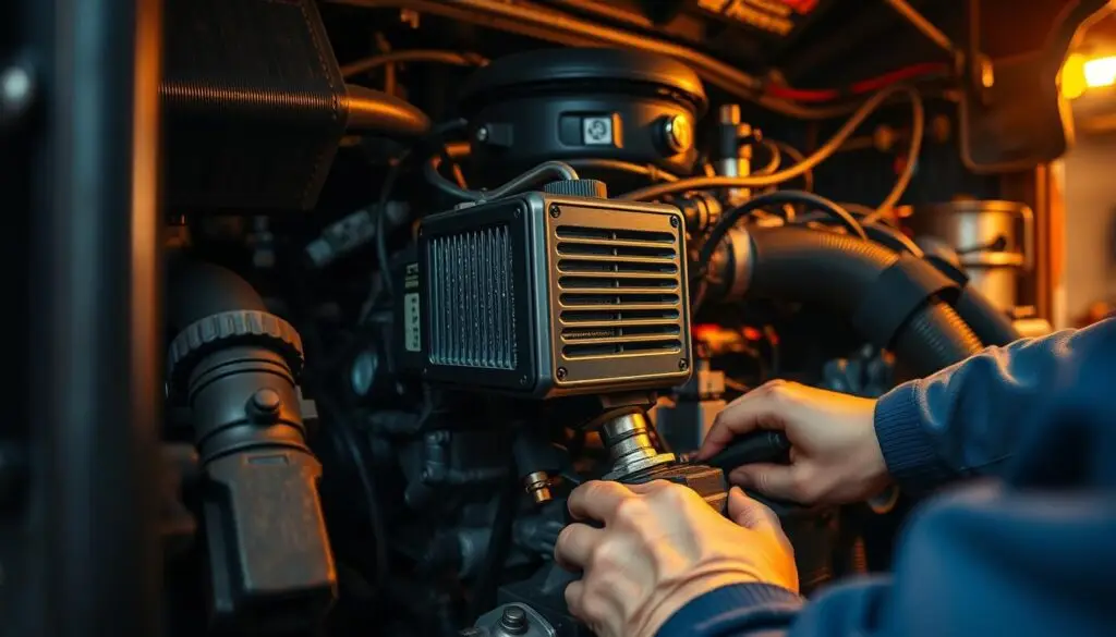 Engine block heater installation on diesel truck showing proper connection points