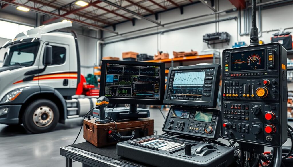 Technician using OEM diagnostic scan tool on commercial truck engine control module