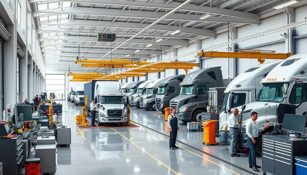 Service bay showing standardized equipment layout and documented procedures for multi-location consistency