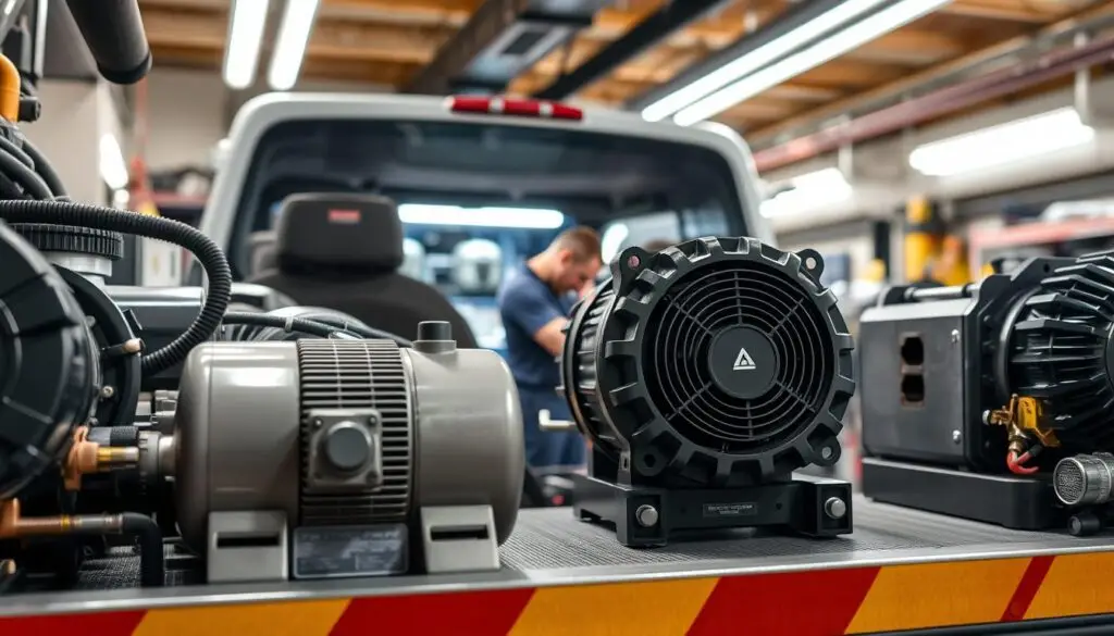 Rotary screw air compressor mounted on service truck body with integrated hose reels and generator system