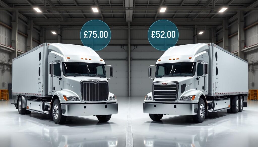 Performance metrics comparison showing range, refueling time, and maintenance costs for alternative fuel trucks
