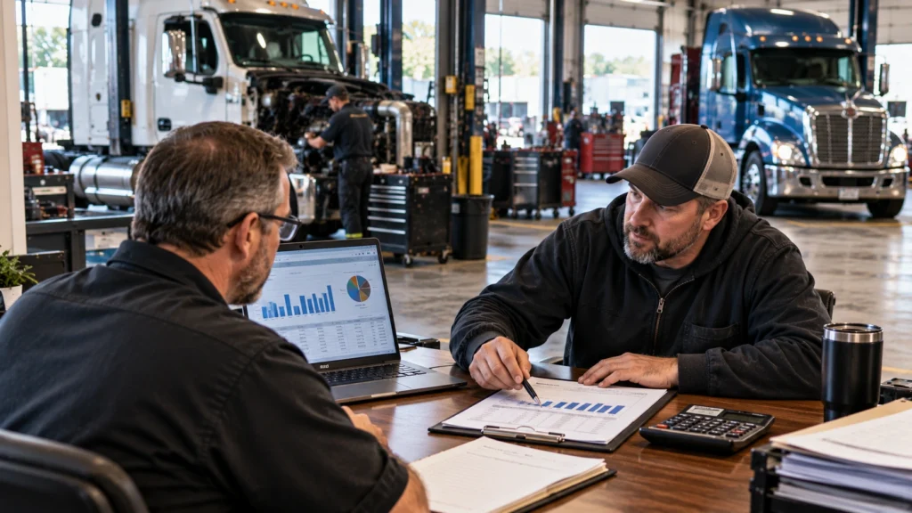 Truck repair shop owner reviewing business valuation and financial performance inside a heavy-duty diesel service facility