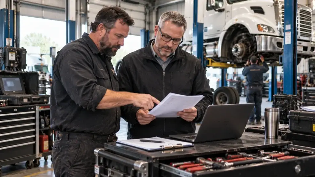 Heavy-duty truck repair shop owner reviewing equipment financing while technicians service a commercial truck on a lift