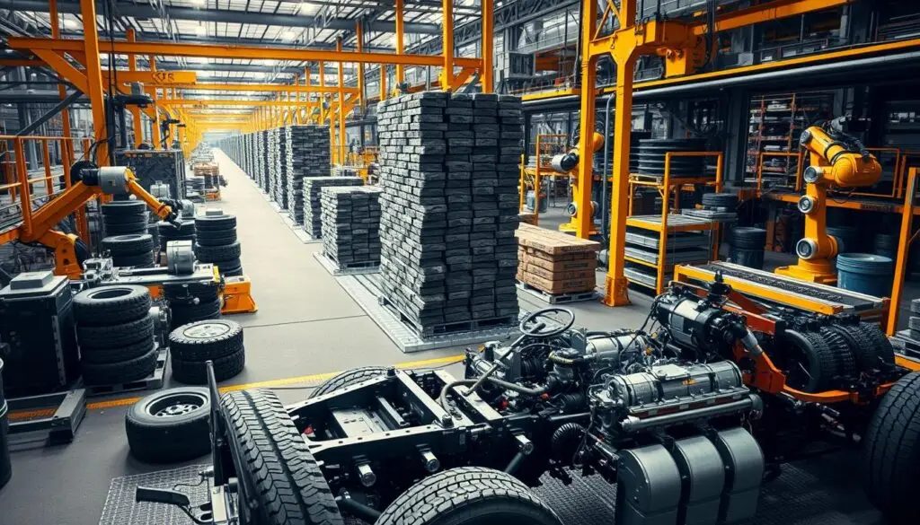Supply chain diagram showing component flow to truck manufacturing assembly