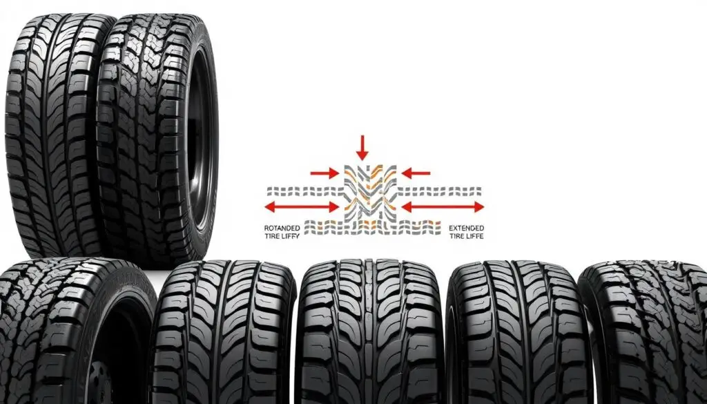 Diagram showing tire rotation patterns for different commercial truck configurations