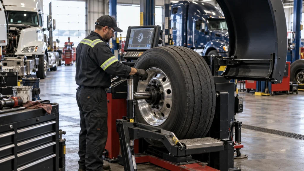 Heavy-duty diesel technician operating a truck wheel balancer on a commercial truck tire and wheel assembly inside a busy professional repair shop.
