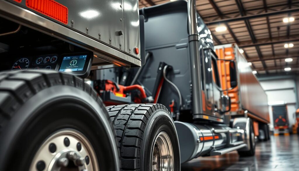 Modern truck cab interior with fleet management technology and GPS systems