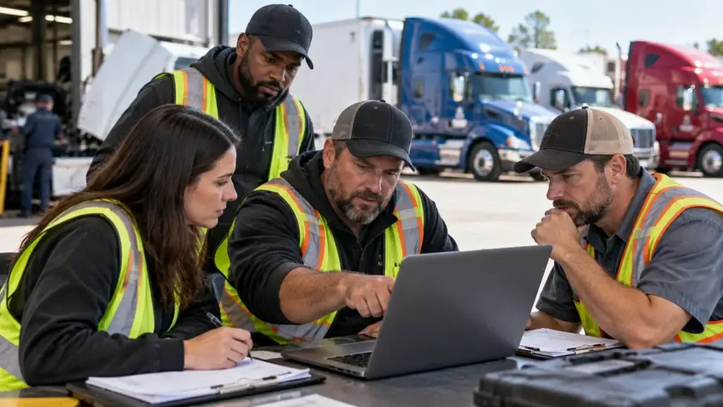 Fleet safety team reviewing trucking safety management procedures, compliance data, and corrective actions together in a commercial truck yard.
