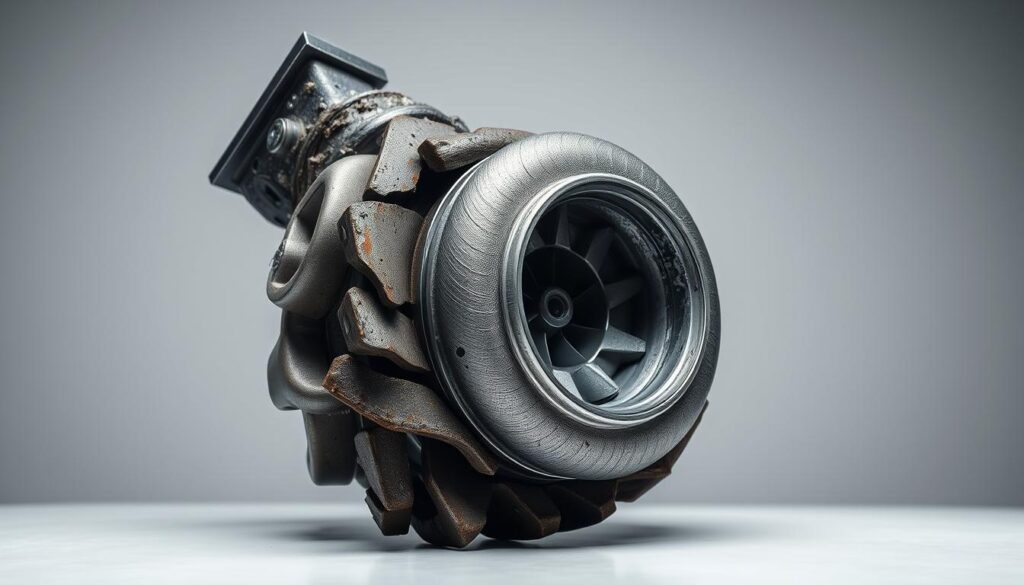 compressor wheel inspection showing blade damage from turbocharger failure