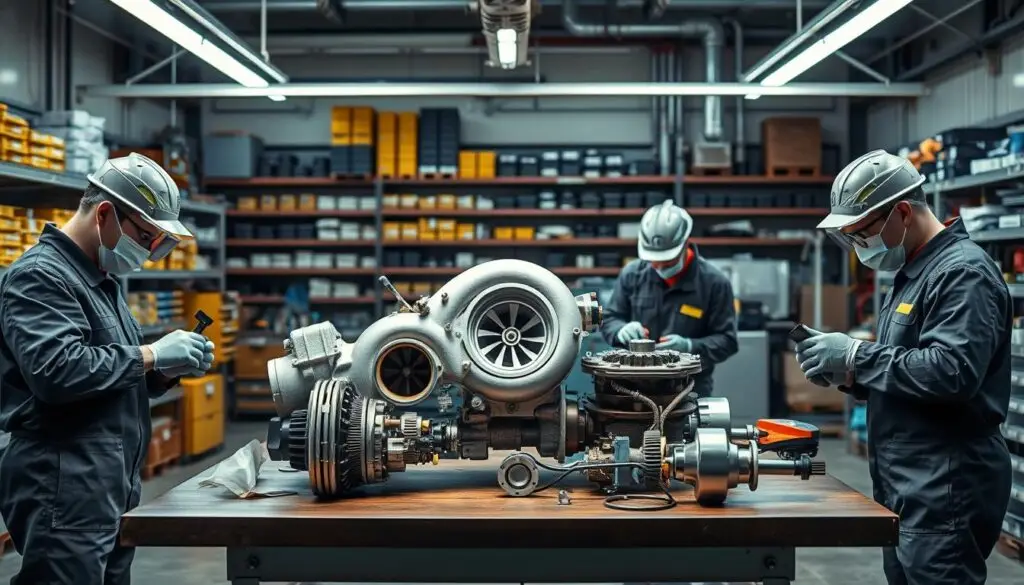Turbocharger being inspected during remanufacturing process showing internal components