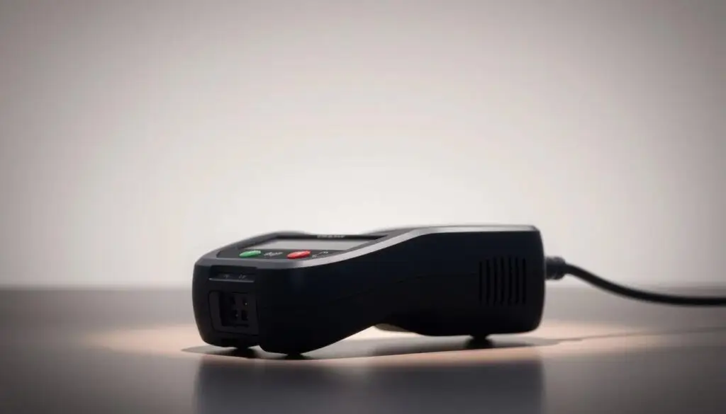 Technician using ultrasonic leak detector to scan air brake system components