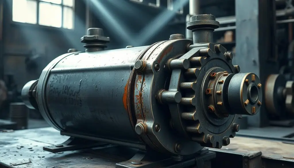 Technician using vibration analyzer to diagnose hydraulic pump issues on commercial truck